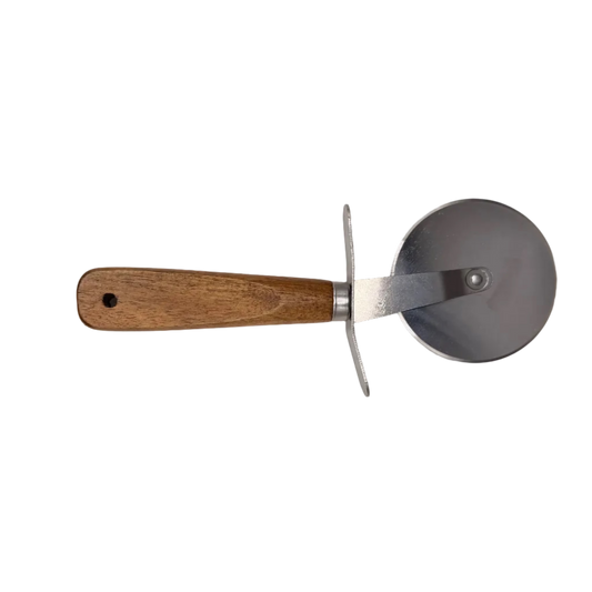 A pizza cutter with a light brown wooden handle and a silver metal blade, displayed on a white background inside a light wood frame.