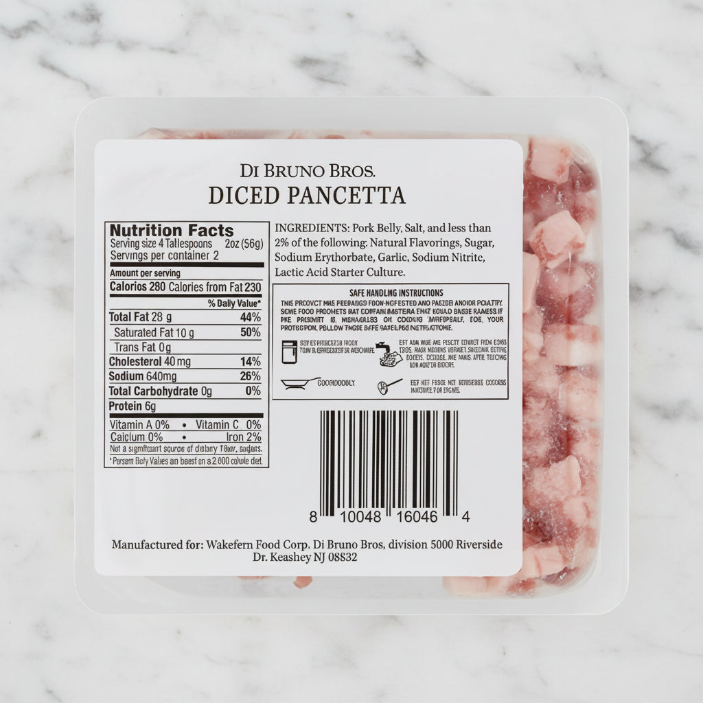 Packaged diced pancetta with label showing nutrition facts and ingredients.