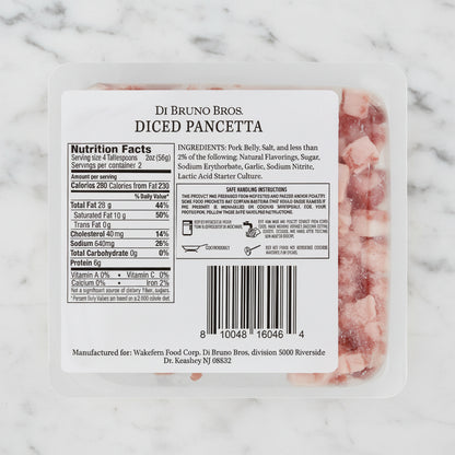 Packaged diced pancetta with label showing nutrition facts and ingredients.