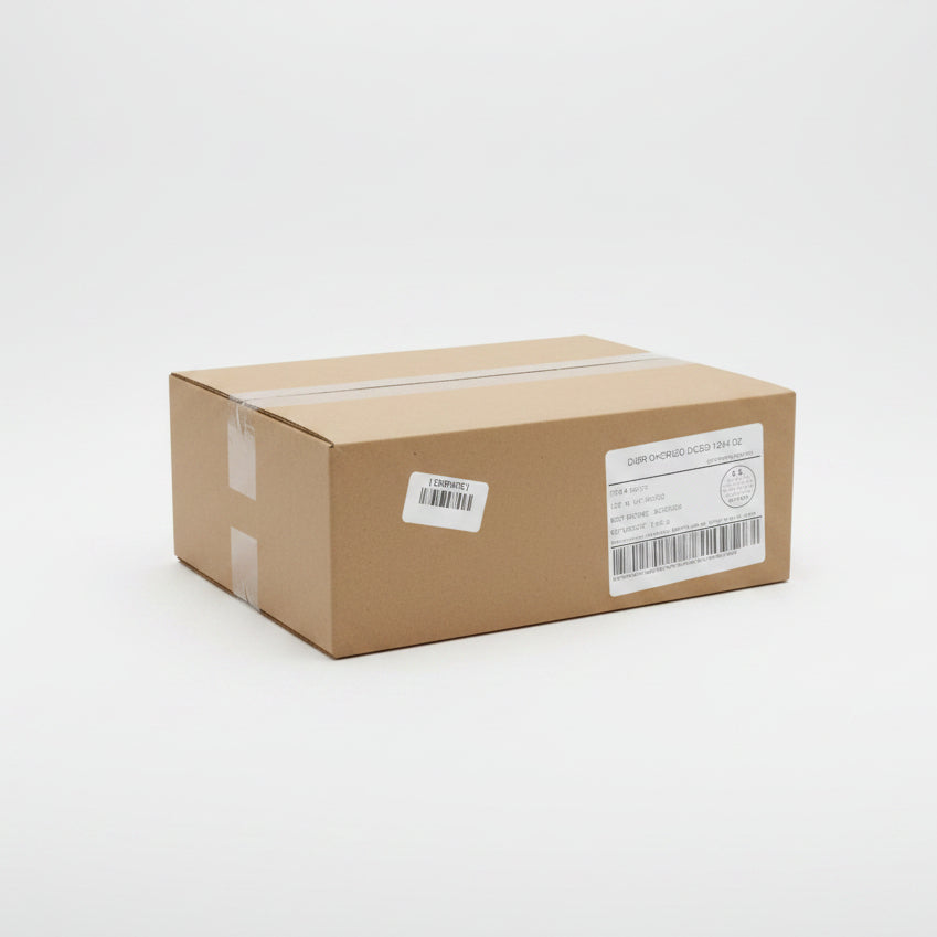 Cardboard box with labels on a concrete floor