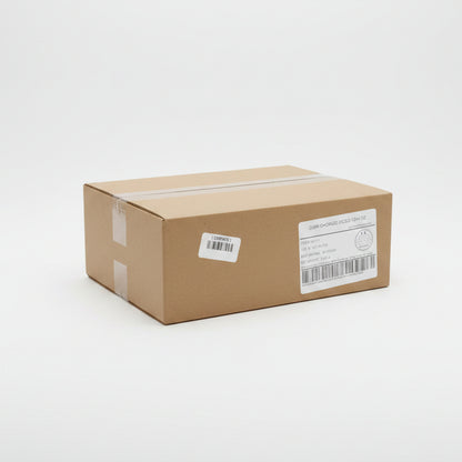 Cardboard box with labels on a concrete floor