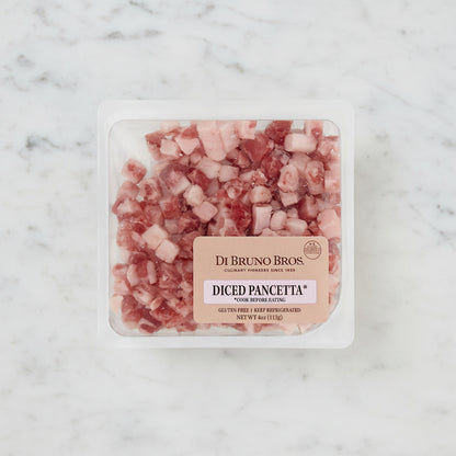 Packaged diced pancetta with Di Bruno Bros label on a white background