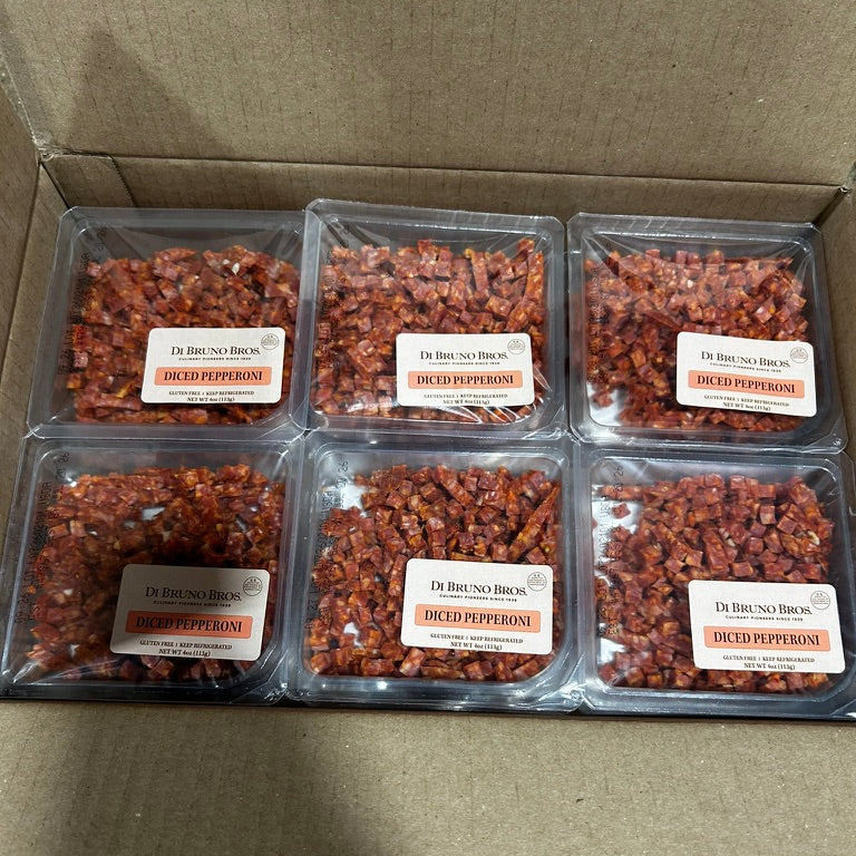 Six packages of Diced Pepperoni in a cardboard box