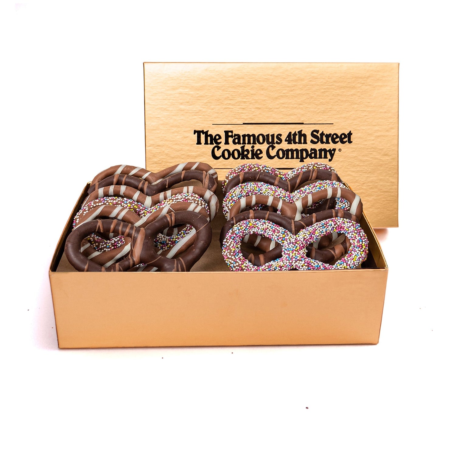 Box of pretzels from The Famous 4th Street Cookie Company on a white background