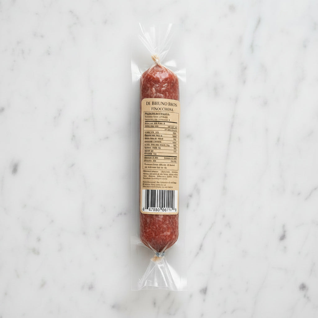 Packaged salami with a label on a marble surface