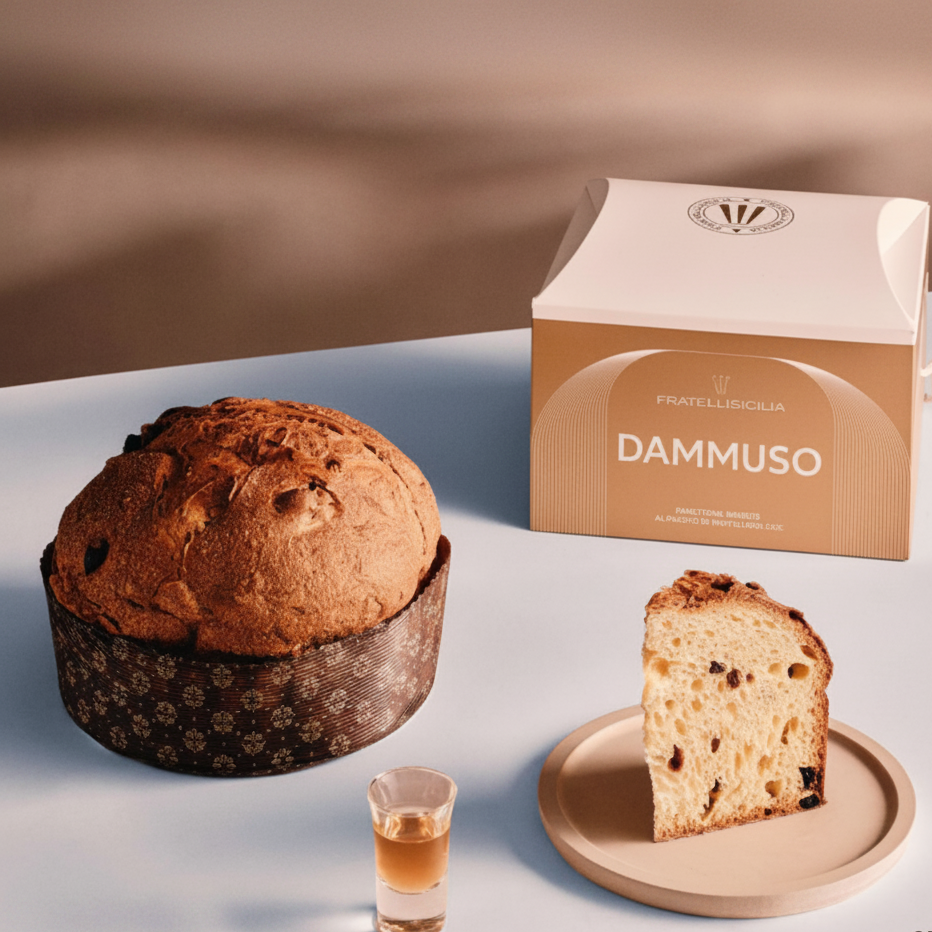 A loaf of Dammuso panettone bread in a dark patterned paper liner next to a slice on a plate and a small glass, with the branded box behind on a light tabletop.