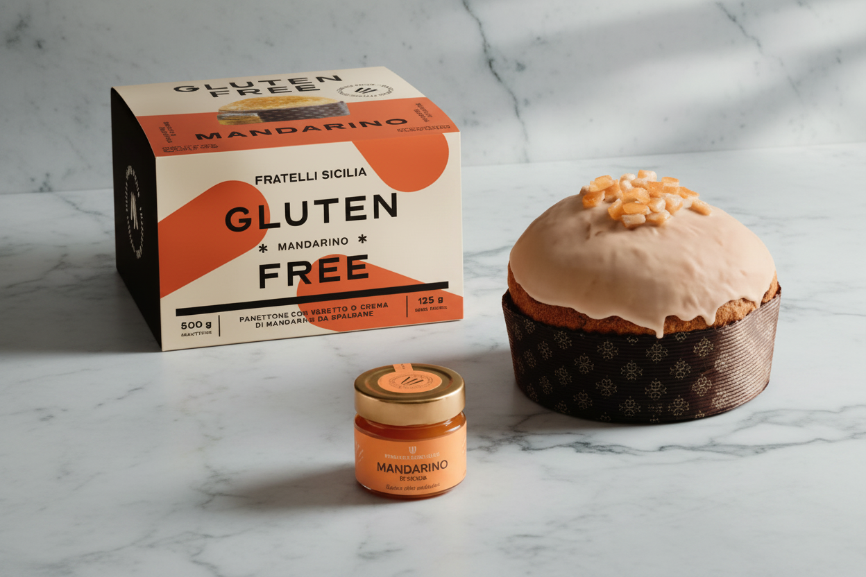 Fratelli Sicilia Gluten Free Mandarin cake mix packaging shown alongside a decorated gluten-free mandarin cake and a small jar of the mix on a white surface with a brown background.