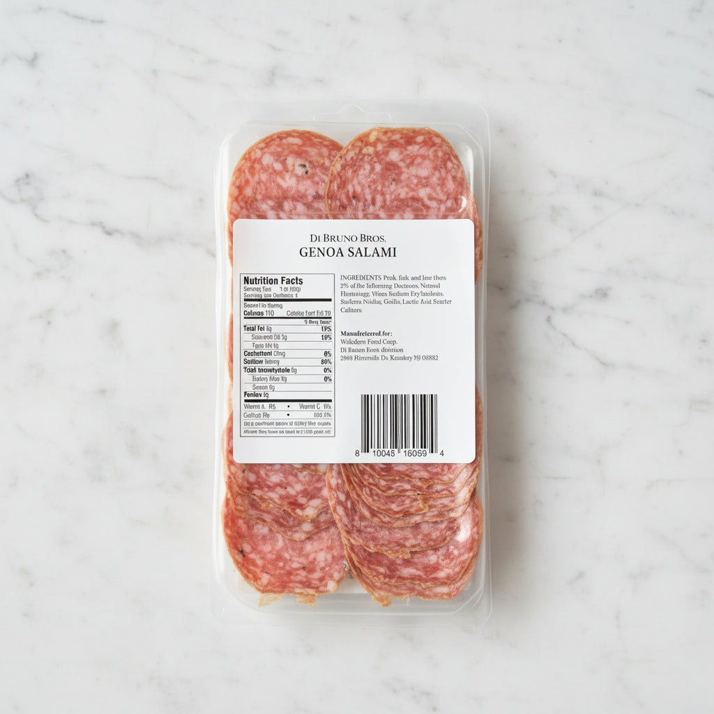 Packaged Genoa Salami with label on a dark background