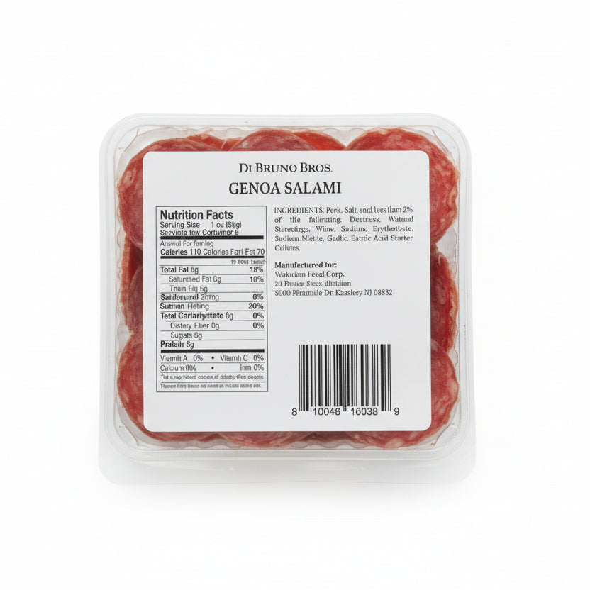 Packaged Genoa Salami with label on a gray background