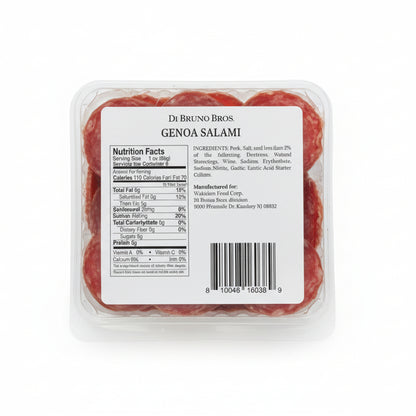 Packaged Genoa Salami with label on a gray background
