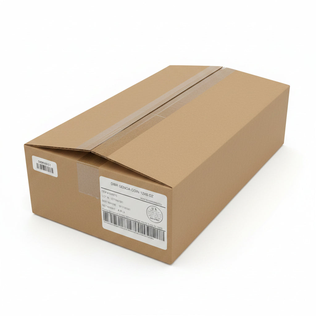 Cardboard box with shipping labels on a concrete floor