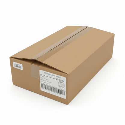 Cardboard box with shipping labels on a concrete floor