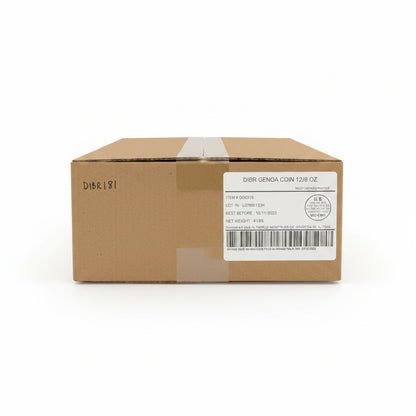 Cardboard box with a label on a pallet in a warehouse setting