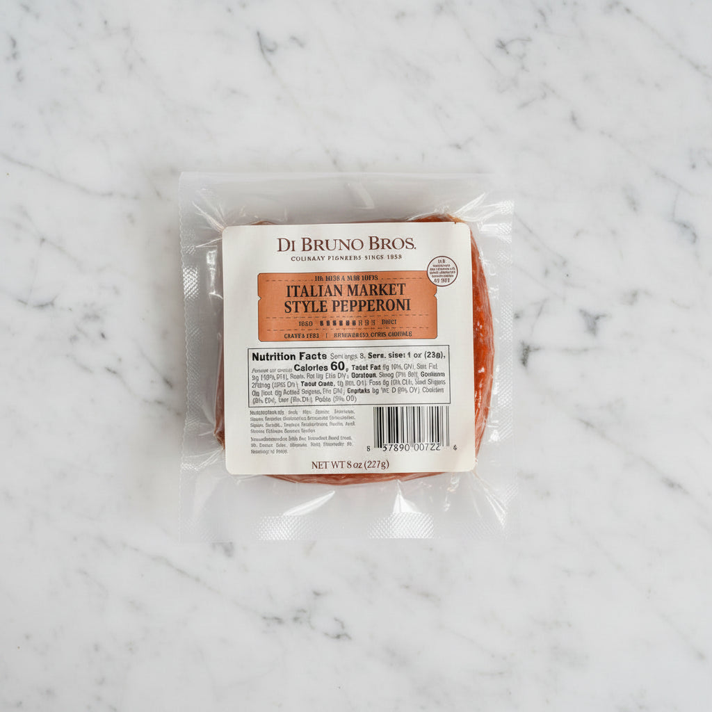 Package of Di Bruno Bros Italian Market Style Pepperoni on a black background