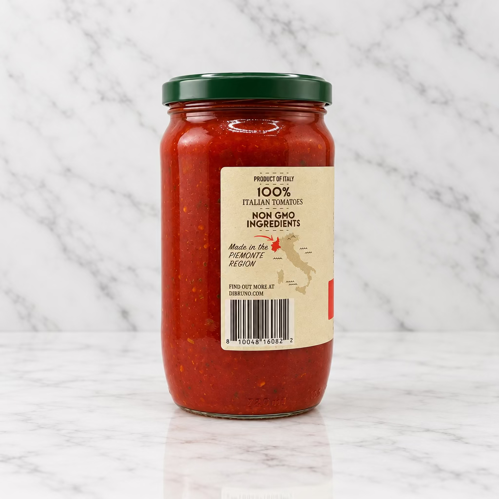 A glass jar of red sauce with a dark green lid and a cream-colored label, photographed against a plain white background.