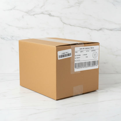 Cardboard box with labels on a shelf in a warehouse setting