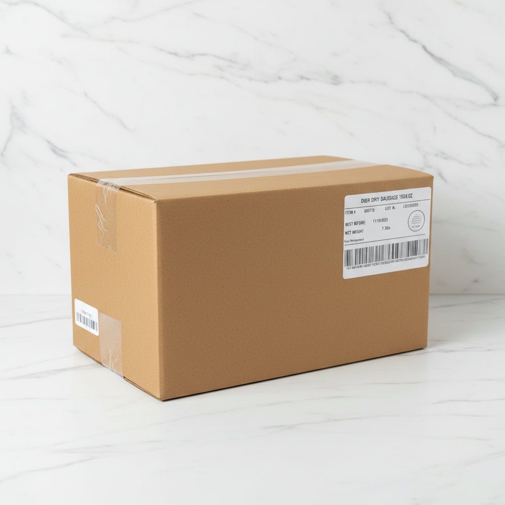 Cardboard box with labels on a shelf in a warehouse setting