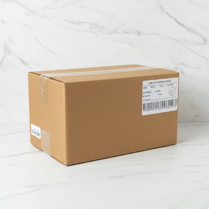 Cardboard box with labels on a shelf in a warehouse setting
