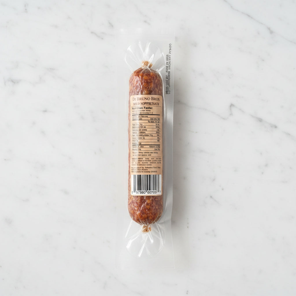 Packaged salami with a label on a dark surface