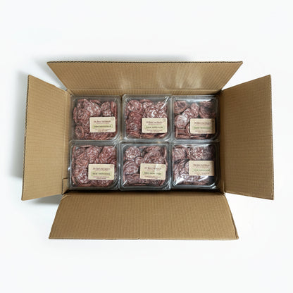 Box containing multiple packages of meat products with visible labels.