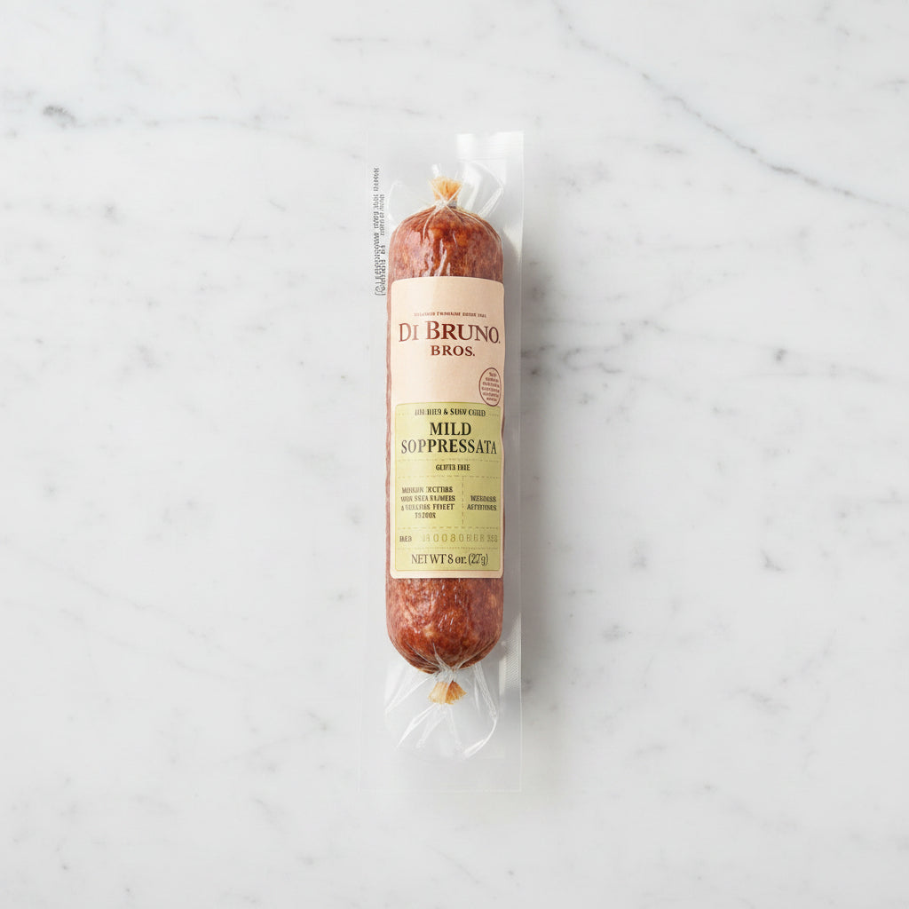 Packaged mild sopressata with Di Bruno Bros label on a dark surface