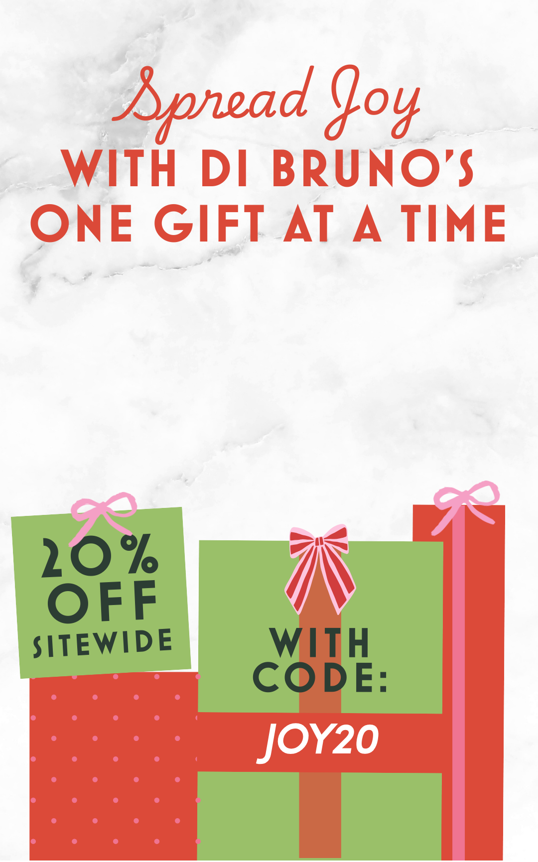 Promotional graphic for Di Bruno's with gift boxes and discount code on a marble background