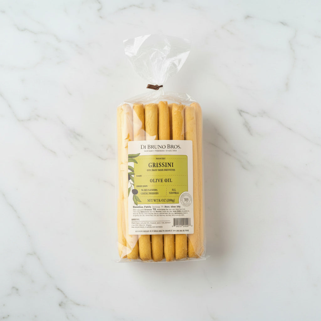 Packaged grissini with olive oil flavor on a warehouse shelf
