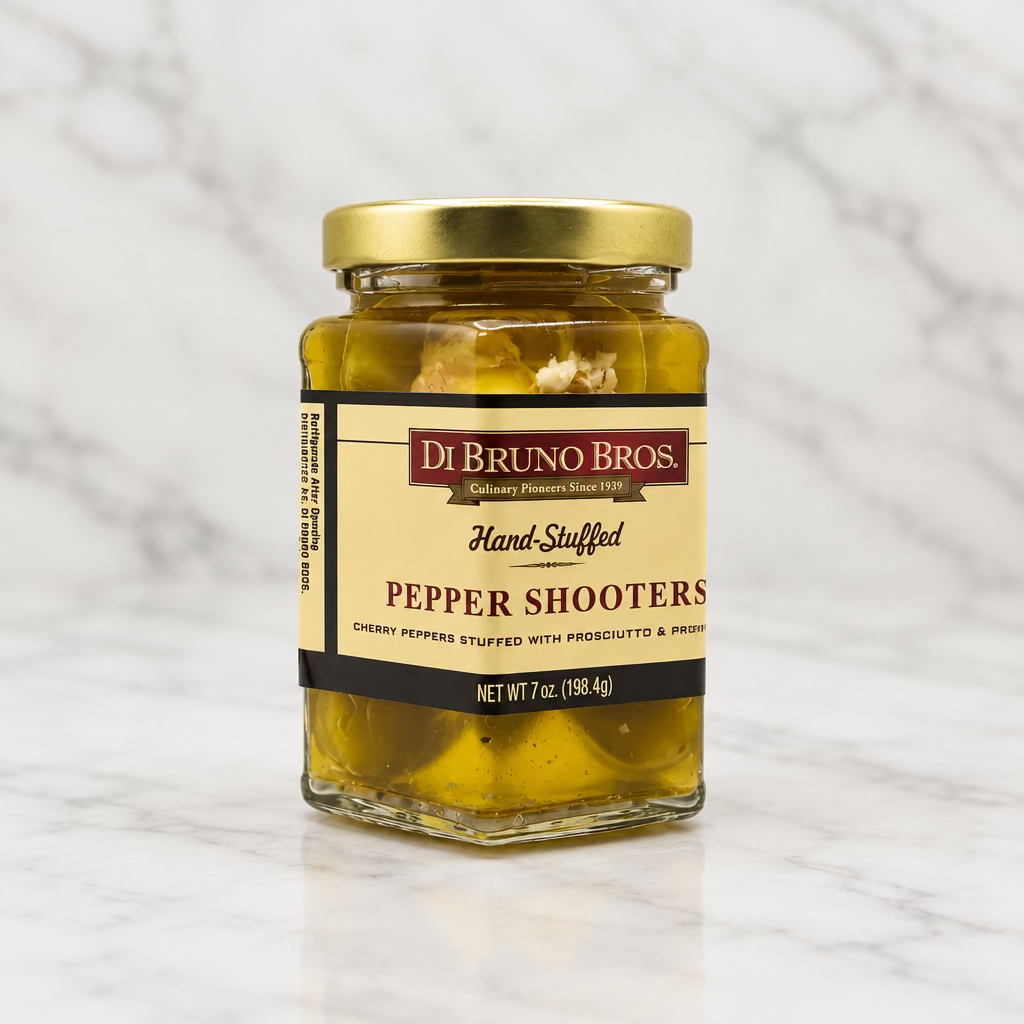 A glass jar of Di Bruno Bros. Hand Stuffed Pepper Shooters with a gold metal lid and a beige label, set against a plain light gray background.