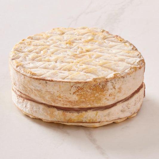 Round cheese with a textured surface on a light background