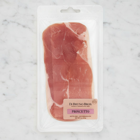 Packaged prosciutto with Di Bruno Bros branding on a white background