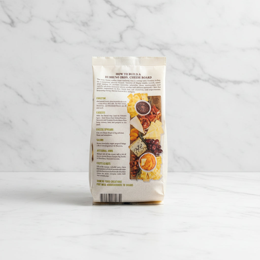 Package of Di Bruno Bros. Cheese Board with images and text on a dark surface