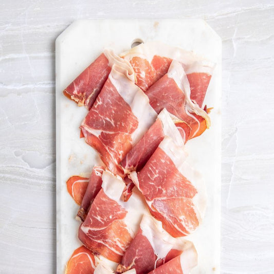 A platter of sliced prosciutto di parma, with pink meat and white fat layers, served on a white plate.