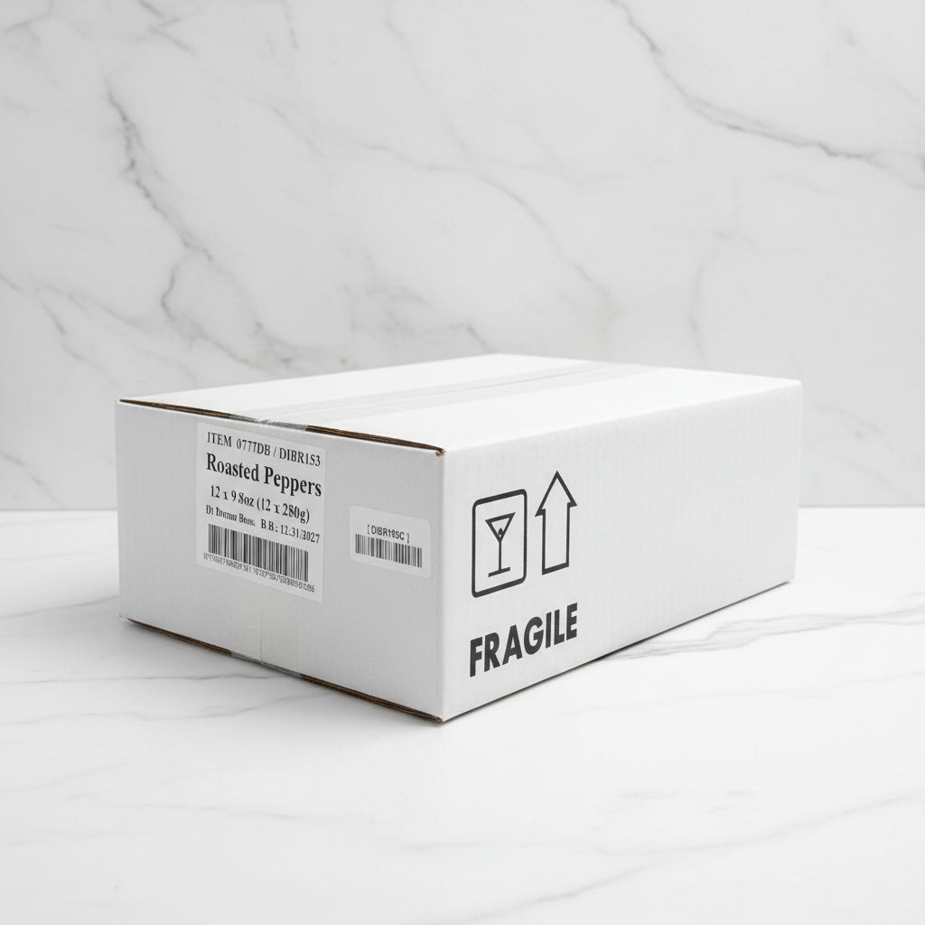 White cardboard box labeled 'Roasted Peppers' with a fragile icon on a black surface.