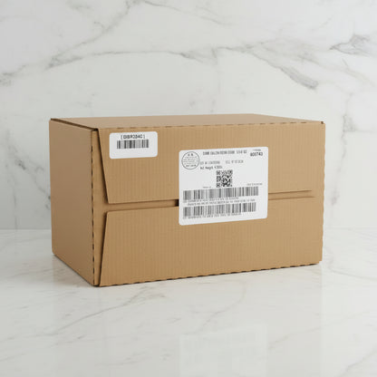 Cardboard box with labels in a warehouse setting