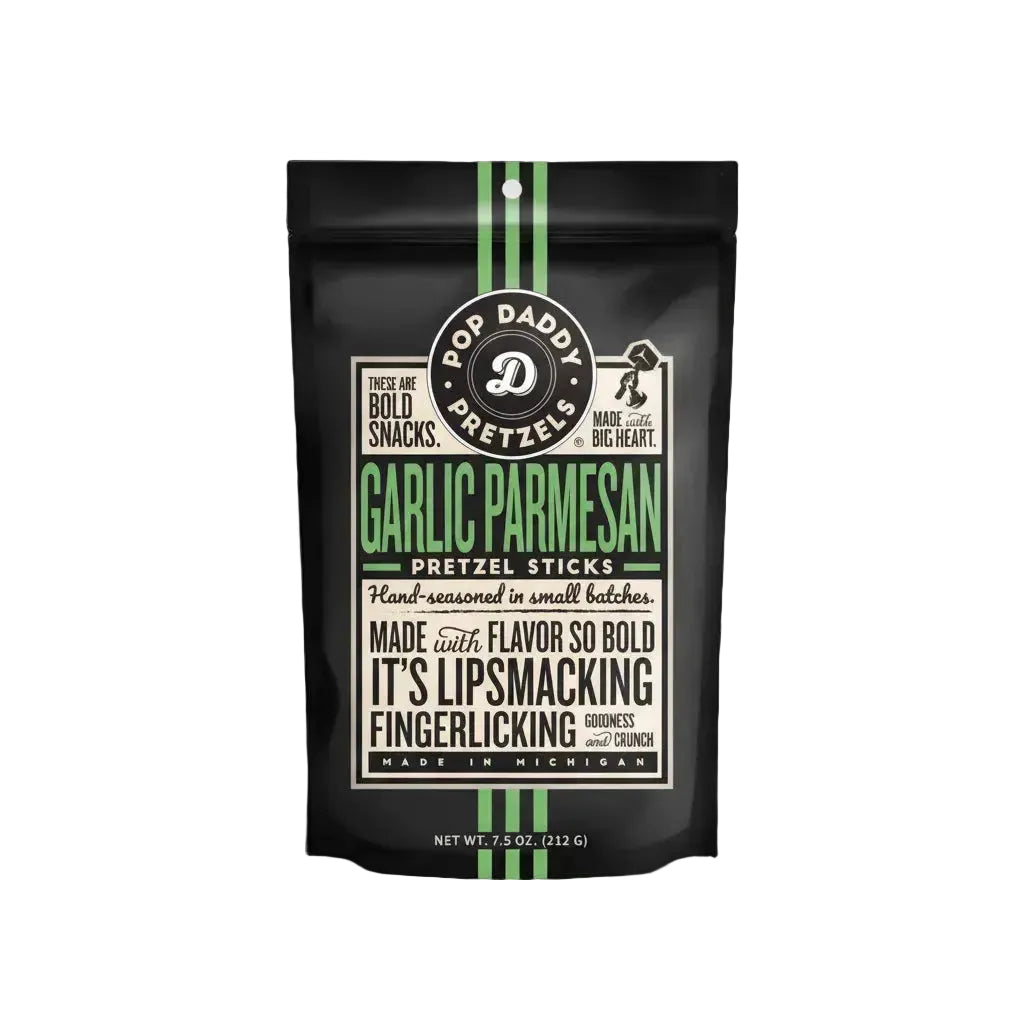 Garlic Parmesan pretzel sticks packaging with branding and text on a black background