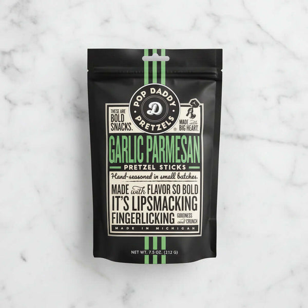 Bag of garlic Parmesan pretzel sticks shown as an example of the gift box pretzel snack