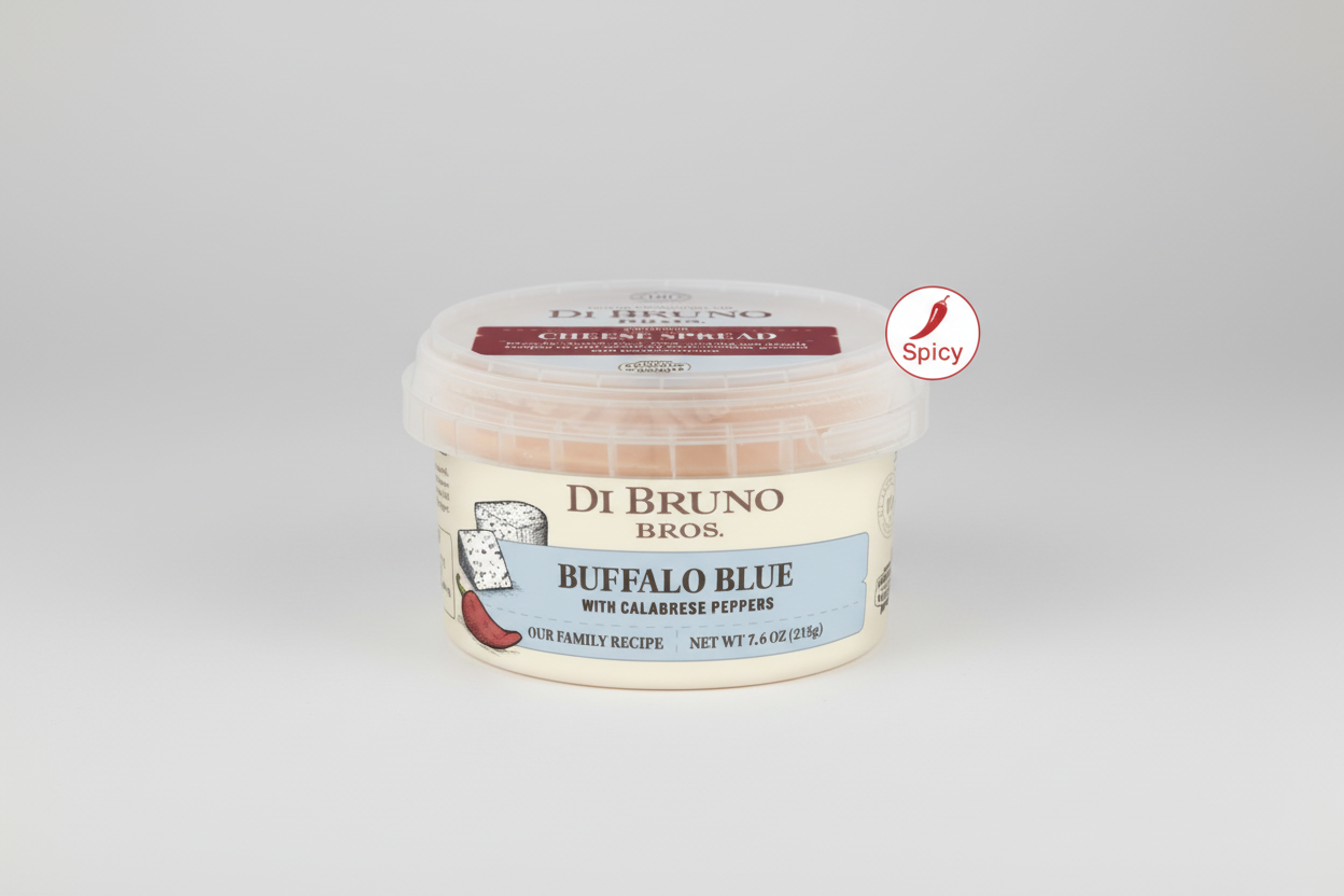 Di Bruno Bros. Buffalo Blue cheese spread container with packaging illustration on a white background
