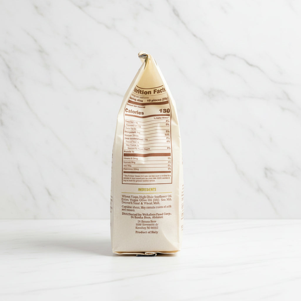 Back view of a coffee package with nutrition facts label on a dark surface