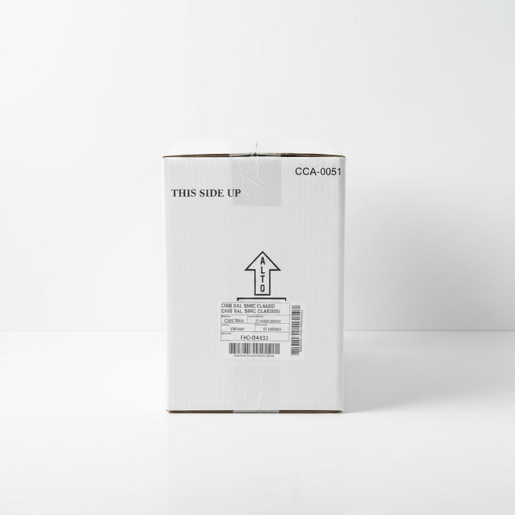 White cardboard box with 'This Side Up' label on a black surface