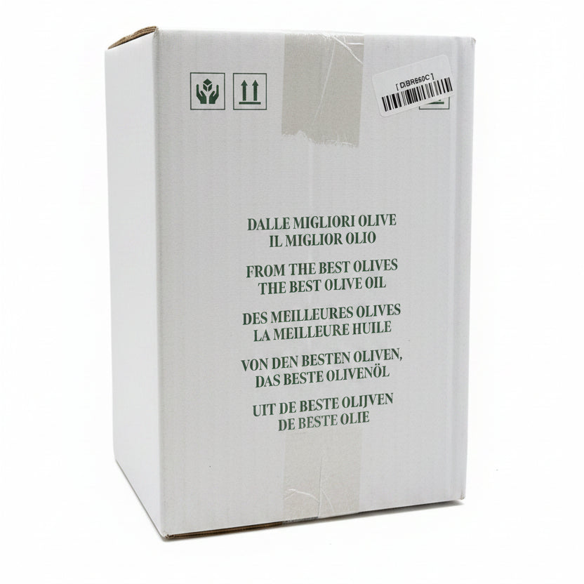 Cardboard box with text about olive oil in multiple languages, featuring a barcode and symbols.