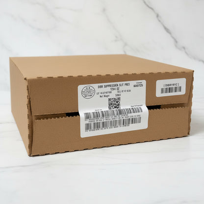 Cardboard box with labels on a shelf in a warehouse setting