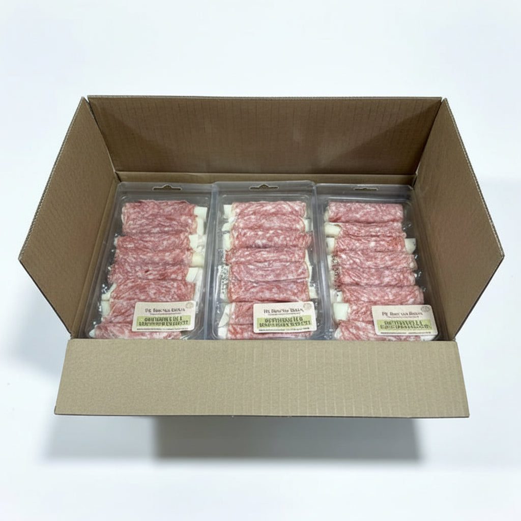 Packaged salami and mozzarella sticks in a cardboard box