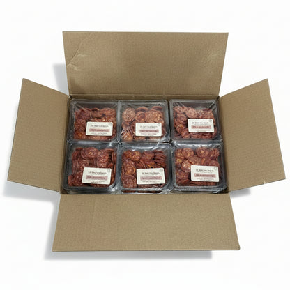 Six packages of spicy pepperoni in a cardboard box