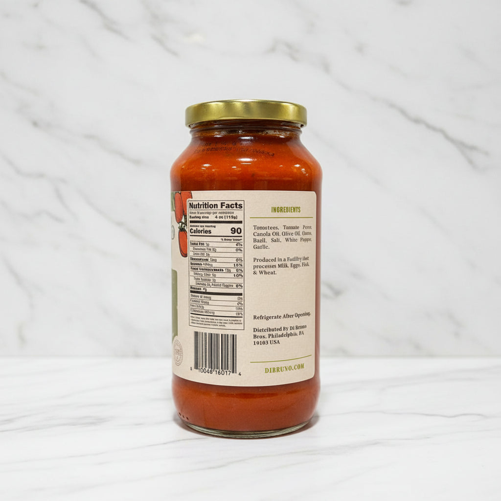 Jar of pasta sauce with label on a white background