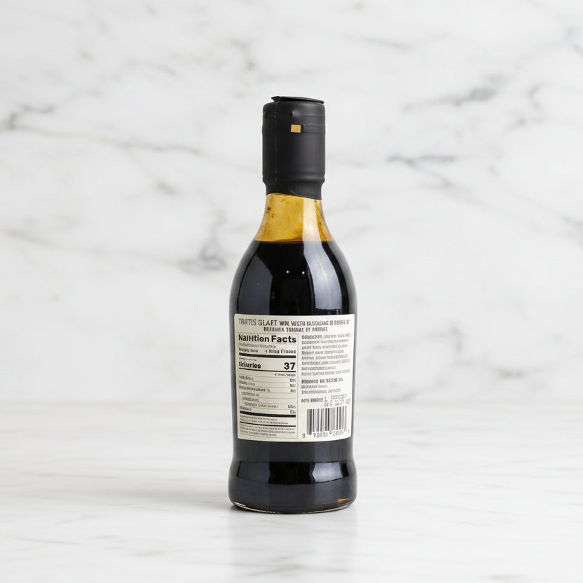 Bottle of soy sauce on a dark surface with a light gray background