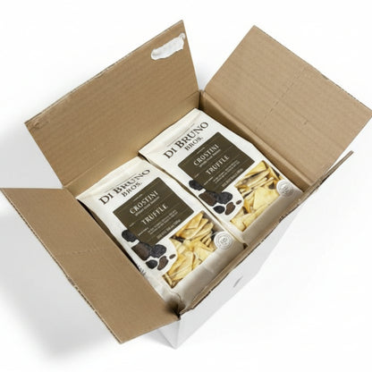Open cardboard box containing Di Bruno Bros Truffle Crostini