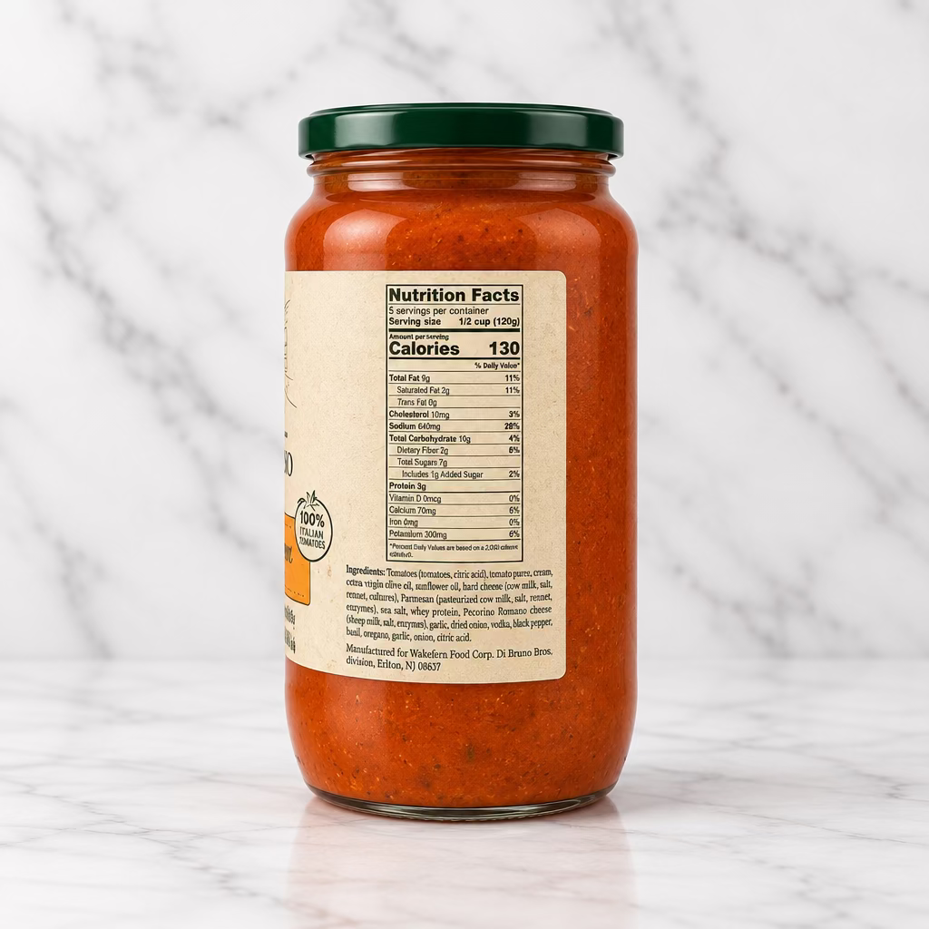 A glass jar of tomato sauce with a dark green lid and a beige nutrition facts label, shown from the back on a white background.