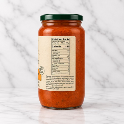 A glass jar of tomato sauce with a dark green lid and a beige nutrition facts label, shown from the back on a white background.