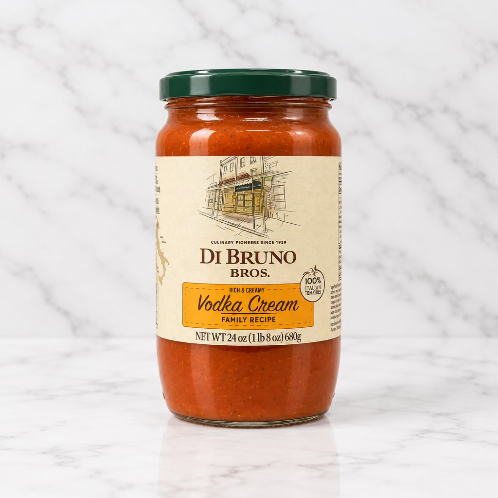 A glass jar of Di Bruno Bros. vodka cream sauce with a dark green lid and a beige label, set against a plain white background.