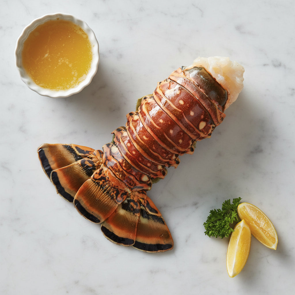 Warm-Water Caribbean Fresh Lobster Tails on a white plate served with rice, featuring tender, cooked lobster meat.